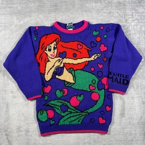 Disney The Little Mermaid Sweater Kids Small 7-8 Purple Ariel Vintage 90s Knit